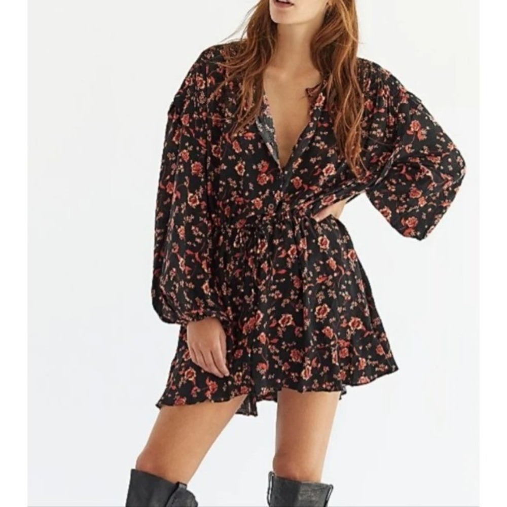 Free People Flower Fields Mini Dress Floral Black Red Balloon Sleeve Size Large